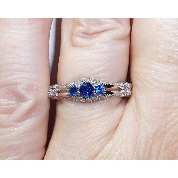 925 STERLING SILVER Antique Style Blue Spinel Cubic Zirconia Filigree Ring - Picture 7 of 16